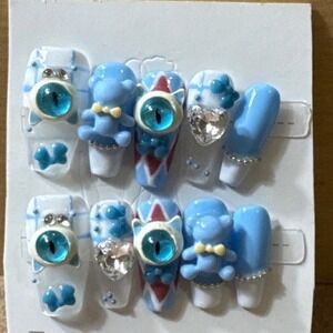 Blue Kawaii 3D Press On Nails Teddy Bear Cat Eye Crystal Heart Set